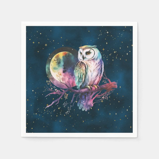 Mystical Rainbow Owl and Full Moon Celestial Napkin (Front)