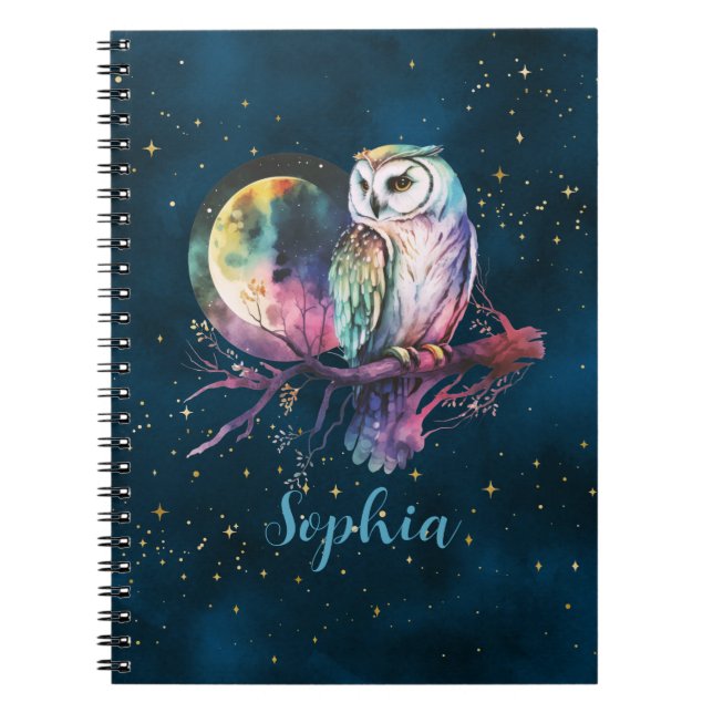 Mystical Rainbow Owl and Full Moon Celestial Notebook (Front)