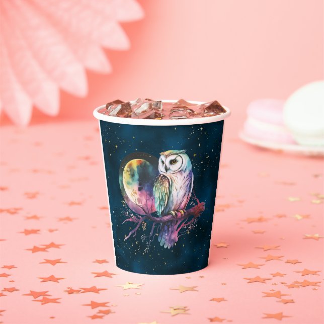 Mystical Rainbow Owl and Full Moon Celestial Paper Cups (Insitu)
