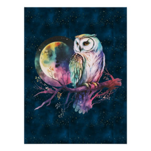 Mystical Rainbow Owl and Full Moon Celestial Poster