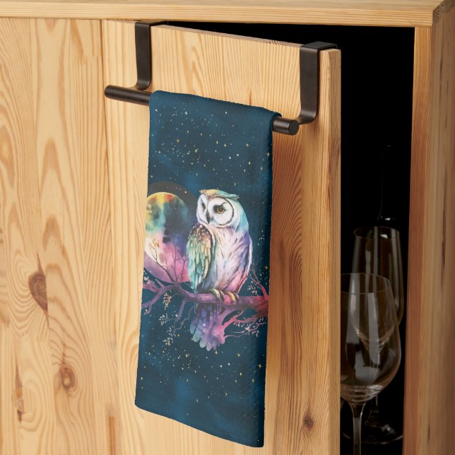 Mystical Rainbow Owl and Full Moon Celestial Tea Towel (Thirds Fold)
