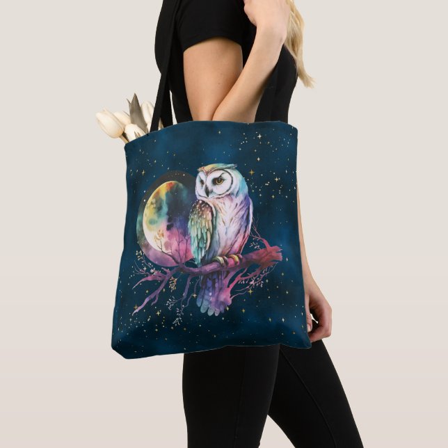 Mystical Rainbow Owl and Full Moon Celestial Tote Bag (Close Up)