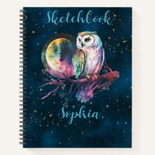 Mystical Rainbow Owl & Full Moon Celestial Sketch Notebook