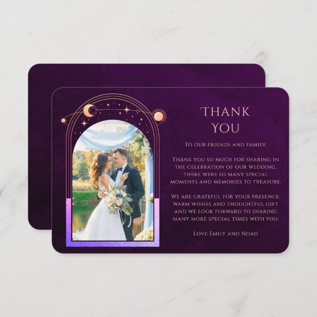 Mystical Rainbow Plum Sun Moon Stars Photo Wedding Thank You Card (Front/Back)