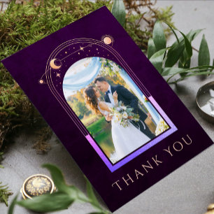 Mystical Rainbow Plum Sun Moon Stars Photo Wedding Thank You Card