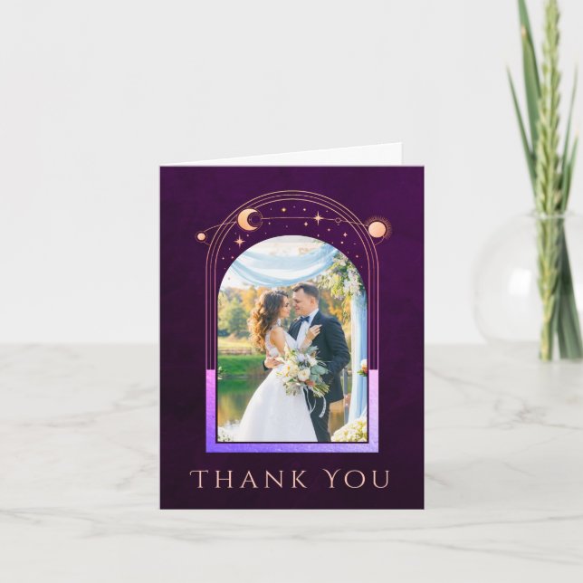 Mystical Rainbow Plum Sun Moon Stars Photo Wedding Thank You Card (Front)
