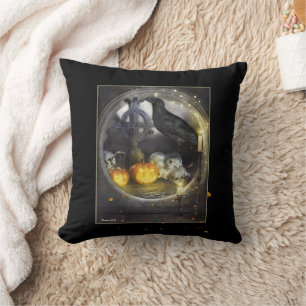Mystical Raven Bird Black Throw Pillow