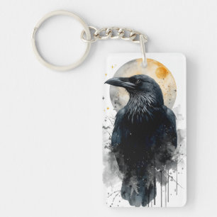 Mystical Raven Watercolor Art Gothic Moon Crow I Key Ring