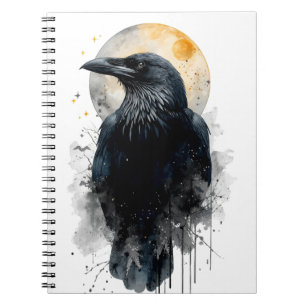 Mystical Raven Watercolor Art   Gothic Moon Crow I Notebook