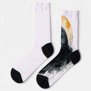 Mystical Raven Watercolor Art Gothic Moon Crow I Socks