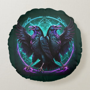 Mystical Ravens Dark Green Round Cushion