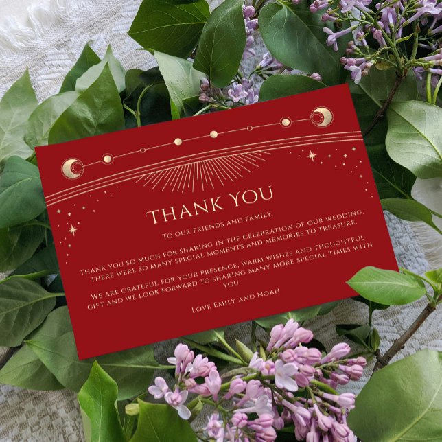 Mystical Red Gold Star Moon Stars Photo Wedding Thank You Card (Creator Uploaded)