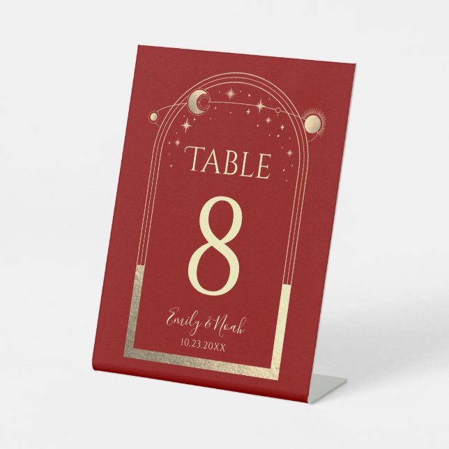 Mystical Red Gold Sun Moon Stars Celestial Wedding Pedestal Sign (Front)