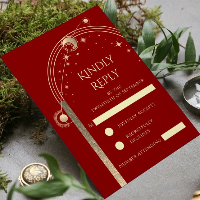 Mystical Red Gold Sun Moon Stars Celestial Wedding RSVP Card (Creator Uploaded)