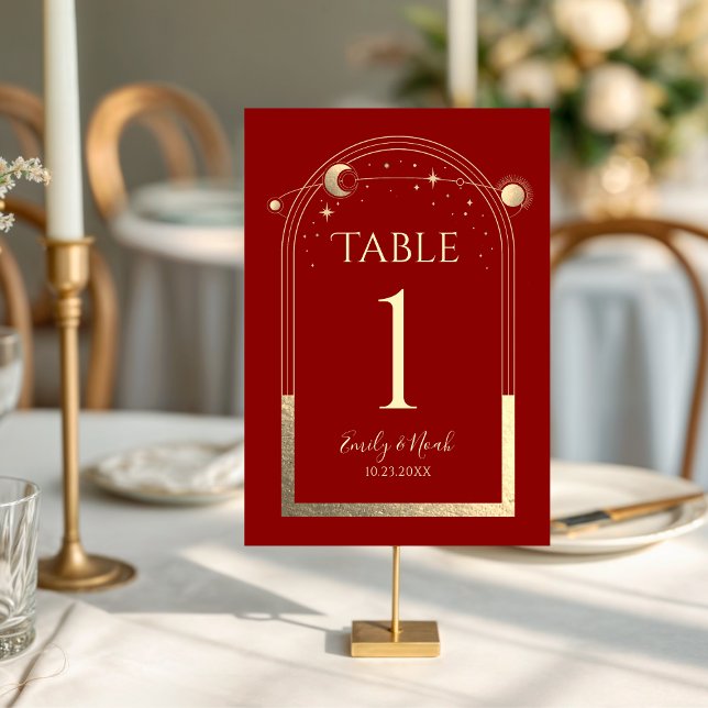 Mystical Red Gold Sun Moon Stars Celestial Wedding Table Number (Creator Uploaded)
