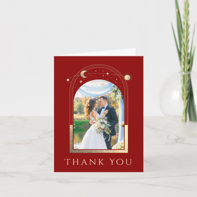 Mystical Red Gold Sun Moon Stars Photo Wedding Thank You Card (Front)