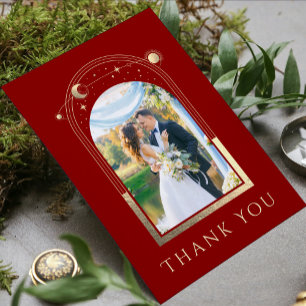 Mystical Red Gold Sun Moon Stars Photo Wedding Thank You Card