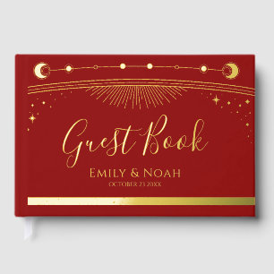 Mystical Red Gold Sun Moon Stars Wedding Guest Book