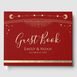 Mystical Red Gold Sun Moon Stars Wedding  Guest Book