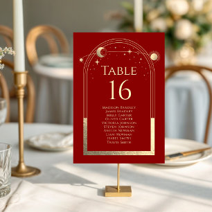 Mystical Red Gold Sun Moon Stars Wedding Table Number