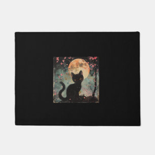 Mystical Red Moon with Black Cat and Sakura Doormat