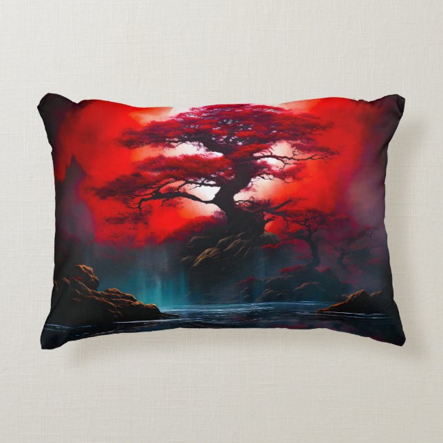 Mystical Red Tree Under Full Moon Decorative Cushion (Front)