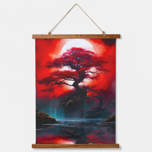 Mystical Red Tree Under Full Moon Hanging Tapestry