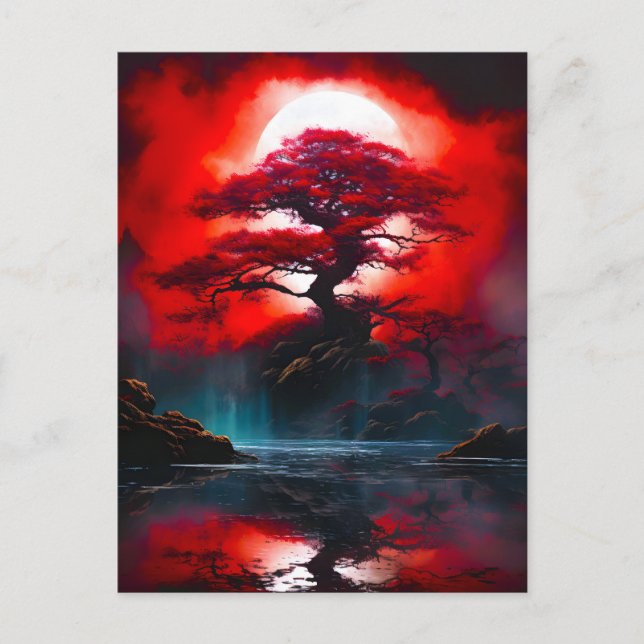 Mystical Red Tree Under Full Moon Holiday Postcard (Front)