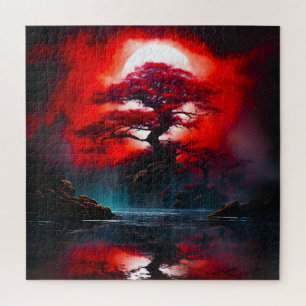Mystical Red Tree Under Full Moon Jigsaw Puzzle