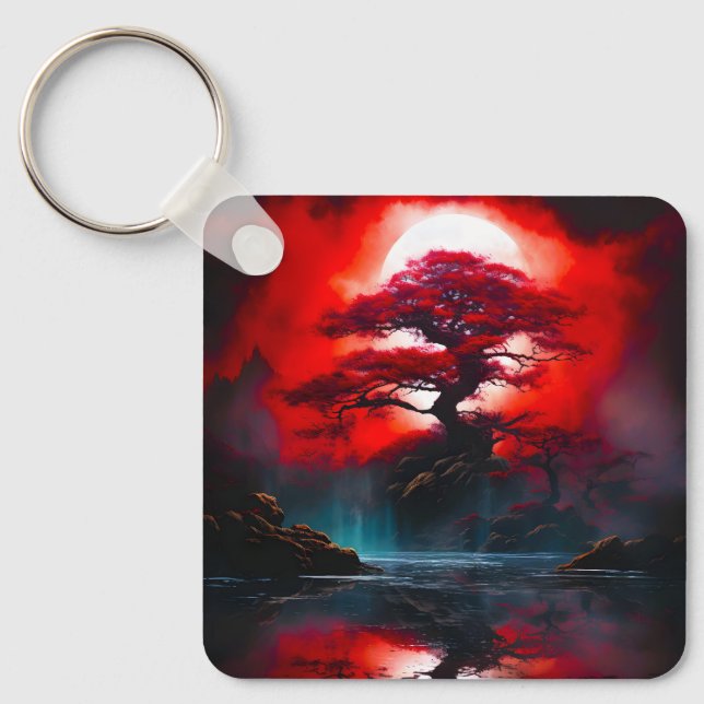 Mystical Red Tree Under Full Moon Key Ring (Front)