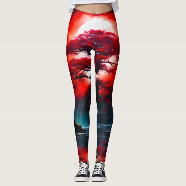 Mystical Red Tree Under Full Moon Leggings (Front)