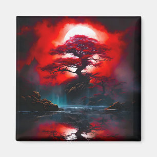 Mystical Red Tree Under Full Moon Magnet
