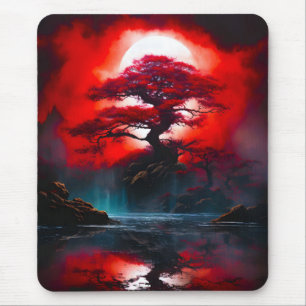 Mystical Red Tree Under Full Moon Mouse Pad