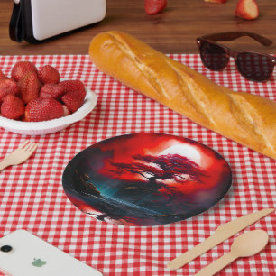 Mystical Red Tree Under Full Moon Paper Plate