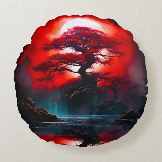 Mystical Red Tree Under Full Moon Round Cushion (Front)