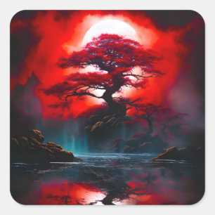Mystical Red Tree Under Full Moon Square Sticker