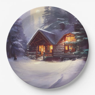 Mystical Rustic Log Cabin Amongst the Evergreens Paper Plate