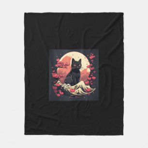 Mystical Sakura Night_ Black Cat with Full Moon Fleece Blanket