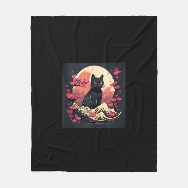 Mystical Sakura Night_ Black Cat with Full Moon  Fleece Blanket (Front)