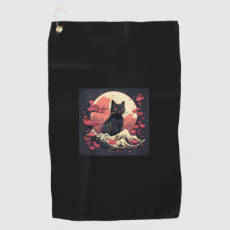 Mystical Sakura Night_ Black Cat with Full Moon  Golf Towel