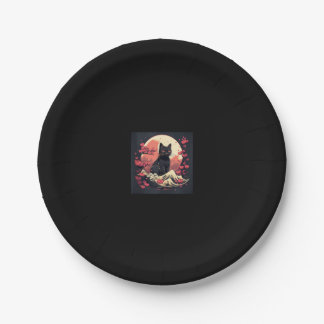 Mystical Sakura Night_ Black Cat with Full Moon  Paper Plate