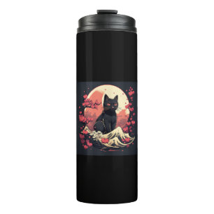Mystical Sakura Night_ Black Cat with Full Moon Thermal Tumbler