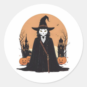 Mystical Salem Black Cat with Pumpkins Classic Round Sticker