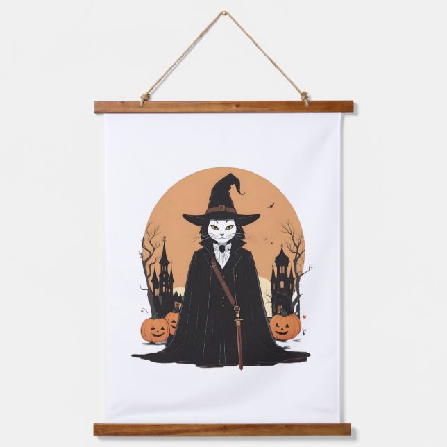 Mystical Salem Black Cat with Pumpkins Hanging Tapestry (Front)