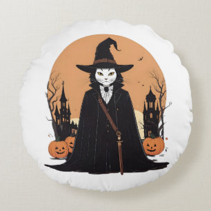 Mystical Salem Black Cat with Pumpkins Round Cushion