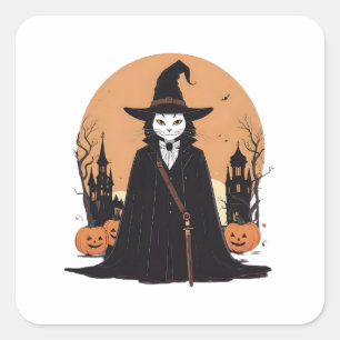 Mystical Salem Black Cat with Pumpkins Square Sticker