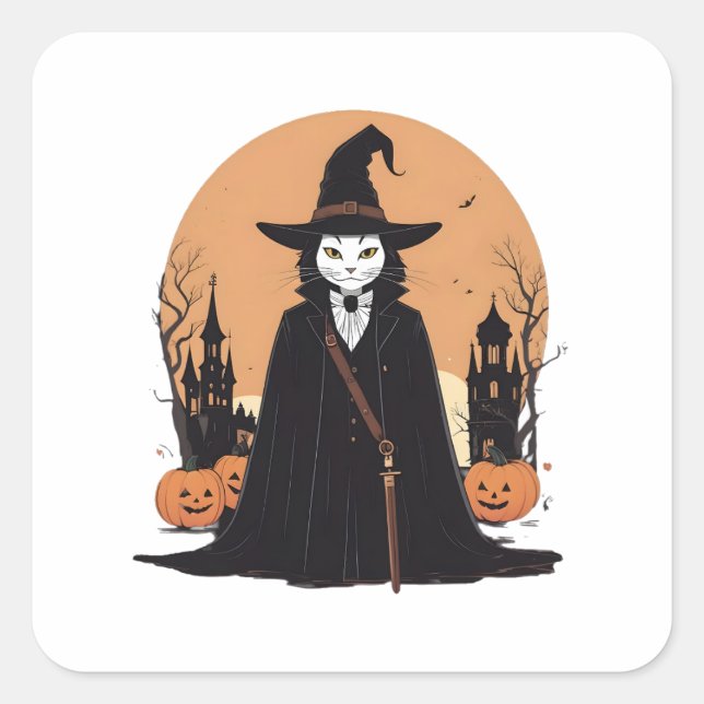 Mystical Salem Black Cat with Pumpkins Square Sticker (Front)