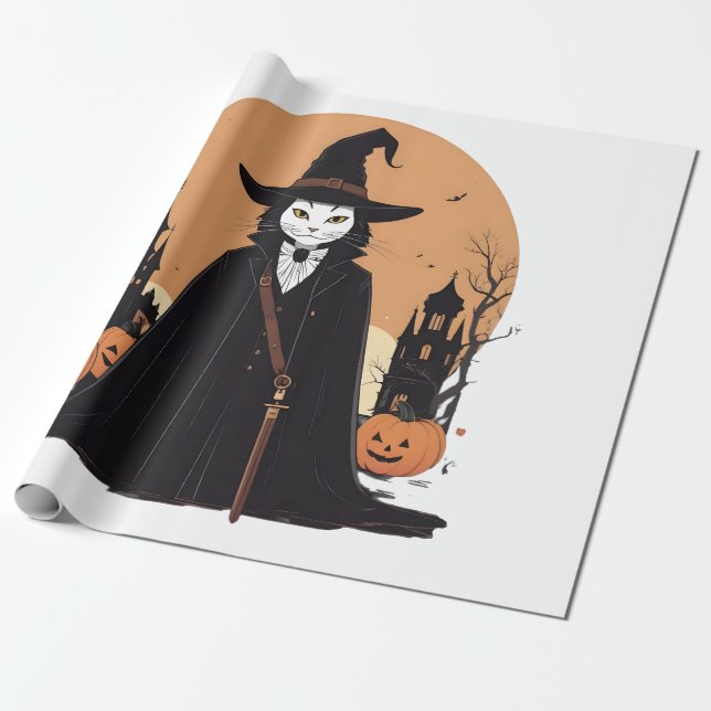 Mystical Salem Black Cat with Pumpkins Wrapping Paper (Unrolled)