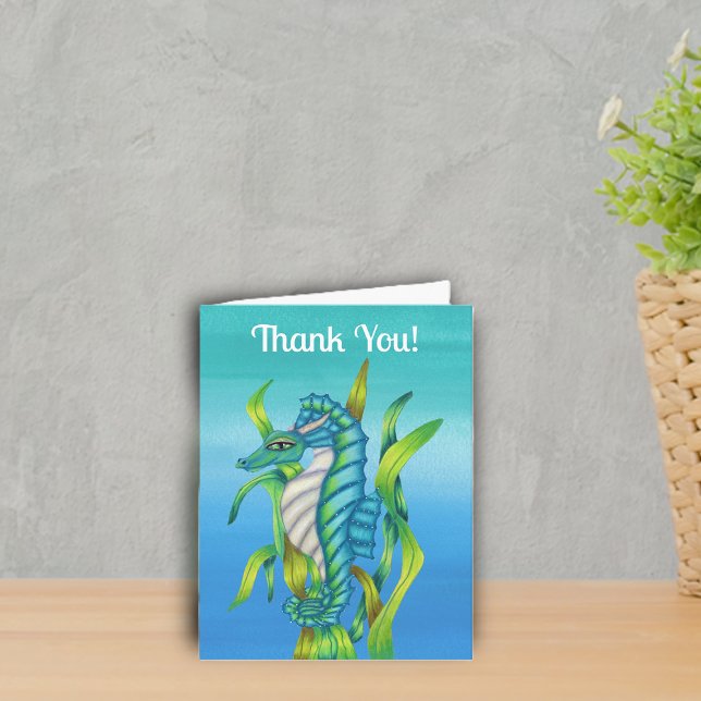 Mystical Sea Dragon Creatures in Aqua Blue Seaweed Thank You Card (Fantasy sea dragon horns aqua blue in green seaweed on shades of ocean blue Thank You card.)