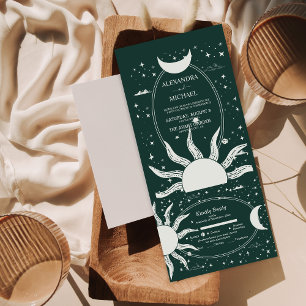 Mystical Silver and Green Sun Moon Wedding  All In One Invitation